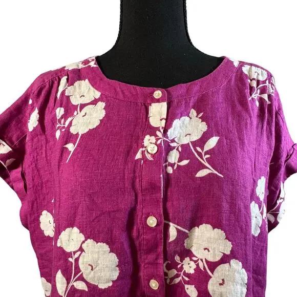 Ann Taylor Floral Linen Framed Popover Short Rolled Sleeve Pink Magenta Large - Picture 3 of 6